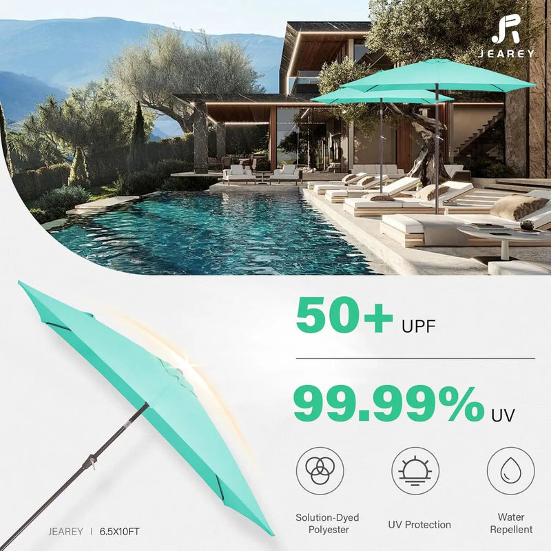 JEAREY 6.5x10 ft Rectangular Patio Umbrellas Outdoor Market Umbrella with Push Button Tilt and Crank, Rectangle Table Umbrella 6 Sturdy Ribs UV Protection for Pool Garden Backyard Deck, Aqua Sky by GreenHaven Gardens