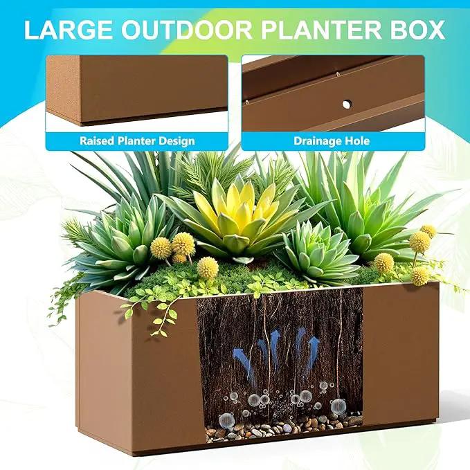 FENCY Large Metal Planter, Large Rectangular Planters for Outdoor Plants, Tall Outdoor Planters for Porch Patio, 38" L x 15" W x 16.3" H Brown Metal Planter with Drainage Hole by GreenHaven Gardens