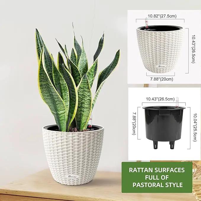 Dexceder 11x10 Inches Rattan Self Watering Planter Indoor Outdoor, Inner Pot Design, Thickened Table Flower Plant Pot with Water Level Indicator (Ivory White) by GreenHaven Gardens