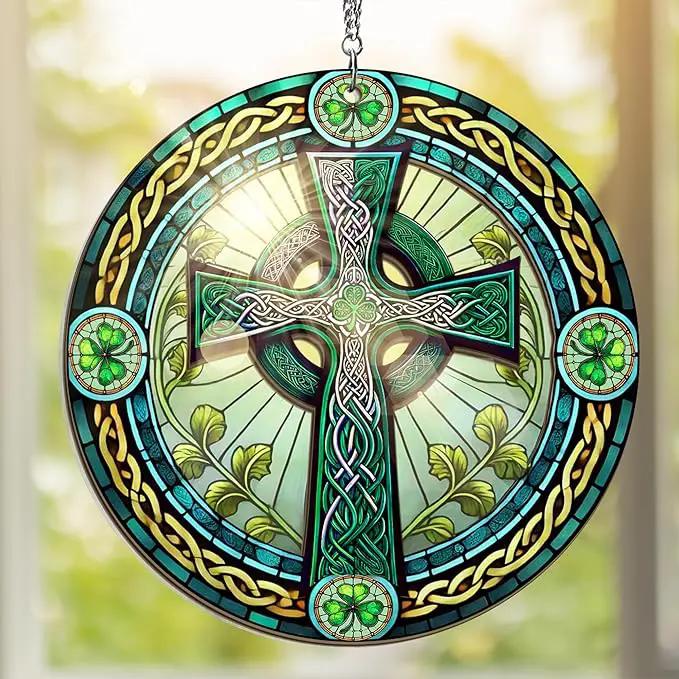 St Patricks Day Decorations - Irish Gifts for Men Women Friends Family, St Patricks Day Accessories, Celtic Cross Home Decor - Double Layered Hanging Suncatcher 12 in by GreenHaven Gardens