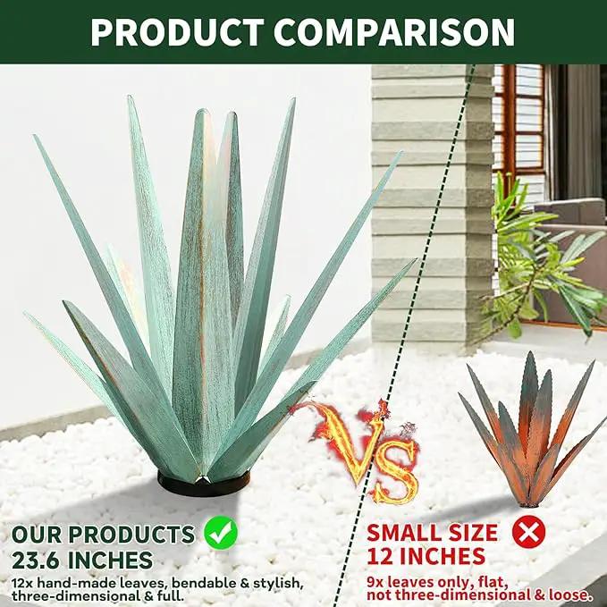 Large Tequila Rustic Sculpture, Rustic Metal Agave Plants for Outdoor Patio Yard, Home Decor Hand Painted Metal Agave Garden Yard Statue, Outdoor Lawn Ornaments (Sky Blue - L(W/Solar Light)) by GreenHaven Gardens