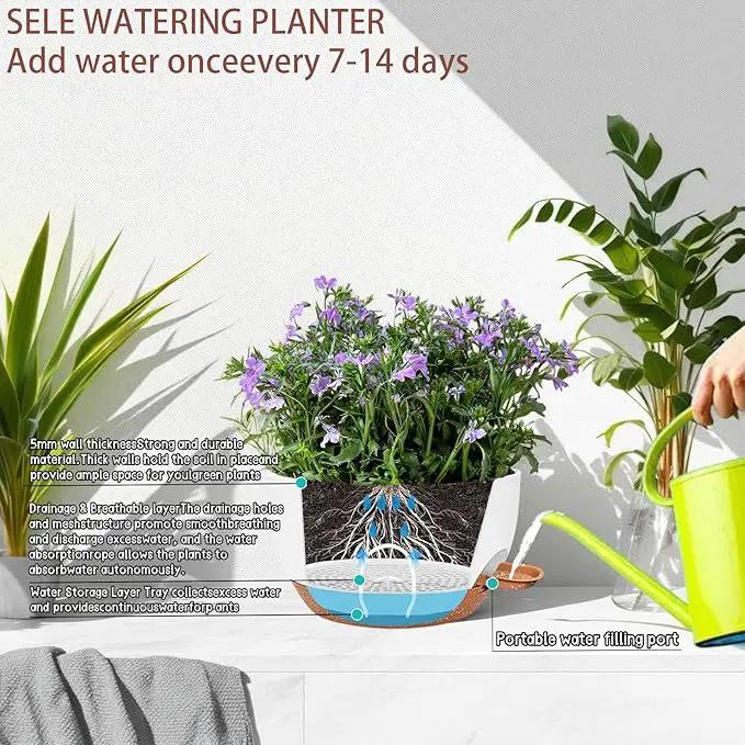 2 Pack 12 Inch Large Hanging Planters with Chains Self Watering White Brown Plastic Hanging Pots for Indoor Outdoor Plants, Garden Porch Home Decor，White Brown by GreenHaven Gardens