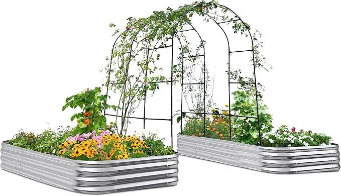 KING BIRD Raised Garden Bed with Arched Trellis Galvanized Planter Garden Box Outdoor for Gardening, Climbing Vegetables, Flowers 7.87x3.94x0.98 Ft 2PCS, Silver by GreenHaven Gardens