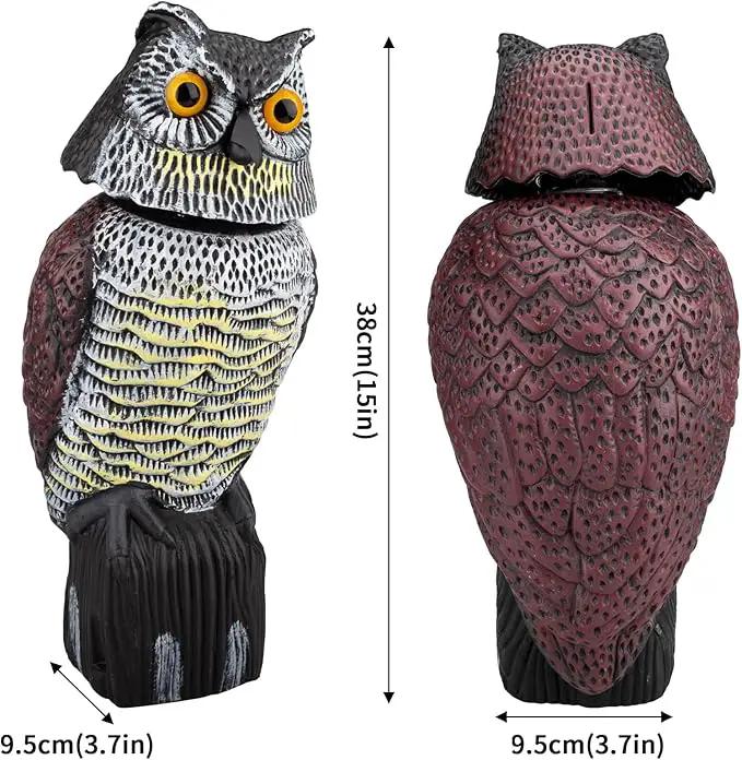 Owl Decoys to Scare Birds & Squirrels Away, 360 Rotating Head, Plastic Garden Owls for Indoor/Outdoor Use by GreenHaven Gardens