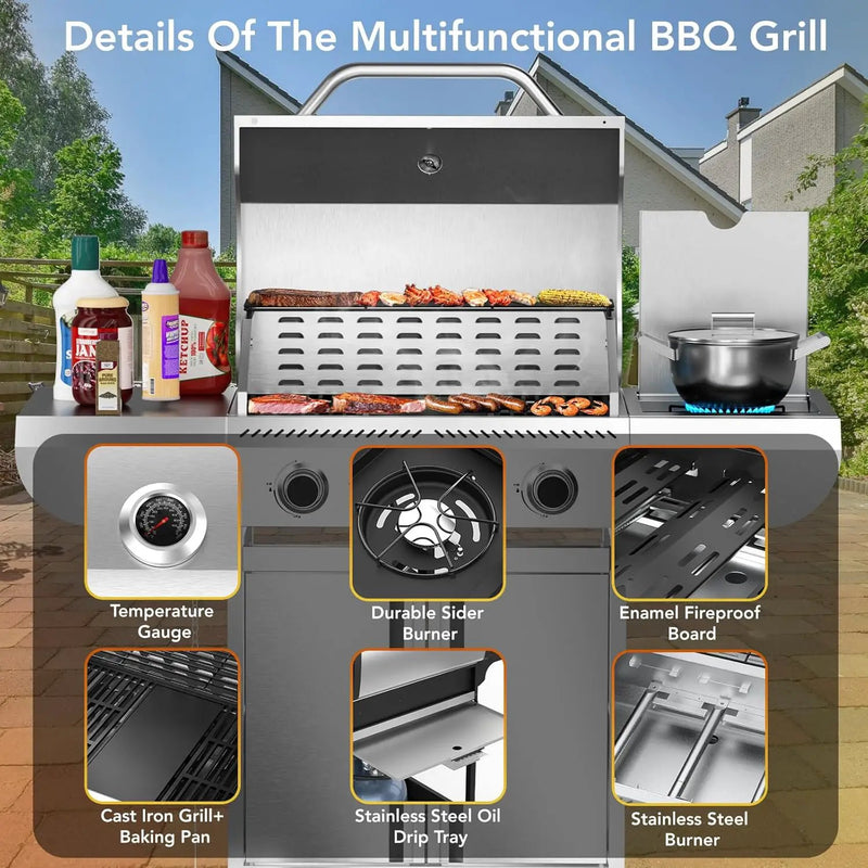 Gas Grill,Heavy-Duty Stainless Steel BBQ Grill,4 Burner Gas Grill with Side Burner,42000 BTU Propane Grill for Outdoor Cooking,Barbecue,Garden and Patio Backyard by GreenHaven Gardens