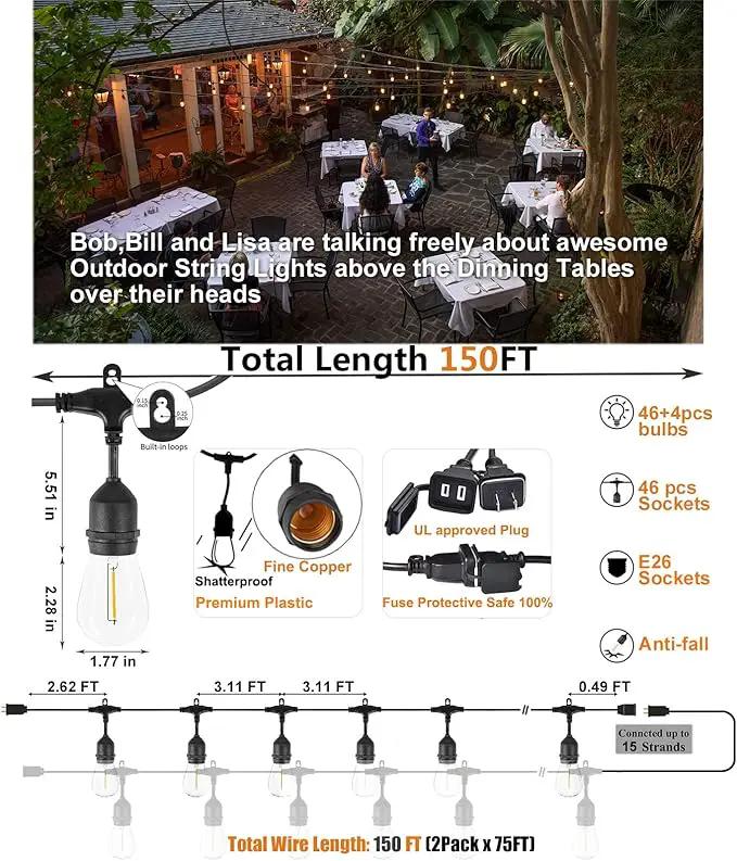 Achin Outdoor String Lights 150 Feet LED Waterproof Patio Lights with 50 Shatterproof Dimmable Warm Edison Bulbs String Lights for Outdoor Gazebo Bistro Wedding Birthday Party Lights, Connectable by GreenHaven Gardens