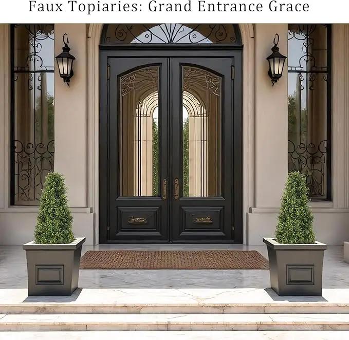 3ft Artificial Boxwood Topiary Trees (Set of 2) - UV Resistant Faux Plants Outdoor, Realistic 36" Fake Cone Bushes and Shrubs for Front Porch, Planter, Patio - Low Maintenance & Evergreen
