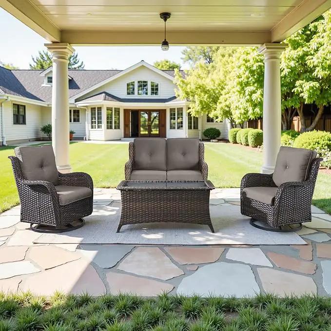 4 Piece Patio Furniture Set - Outdoor Glider Bench with Swivel Rocker Chairs and Coffee Table, High Back Small Outdoor Conversation Furniture Sets for Deck Sunroom Balcony Backyard by GreenHaven Gardens