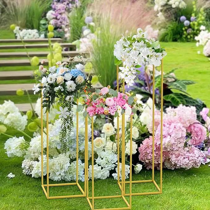 chamvis Gold Metal Plant Stand, 3 Pcs Tall Cylinder Pedestal Stands for Parties and Weddings, Gold Square Cylinder Tables for Living Room and Patio Decor by GreenHaven Gardens