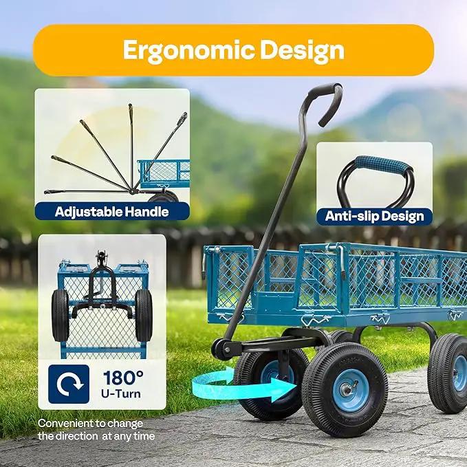 VIVOHOME Heavy Duty 880 Lbs Capacity Mesh Steel Garden Cart Folding Utility Wagon with Removable Sides and 4.10/3.50-4" Wheels 10 inch Tire (Blue) by GreenHaven Gardens