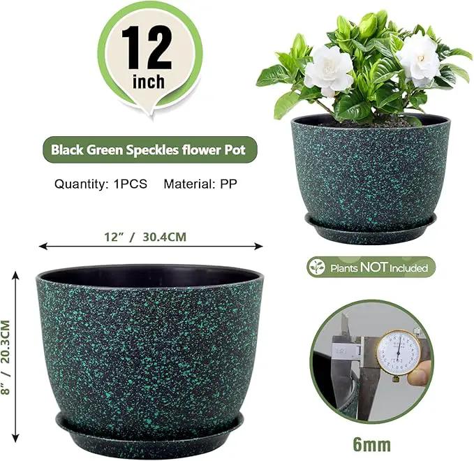 12 inch Large Plant Pots, Plastic Planters with Drainage Holes and Saucers, Flower Pots for Indoor Outdoor Plants, Decorative Pots for Garden House Plants, Black with Green Speckles by GreenHaven Gardens