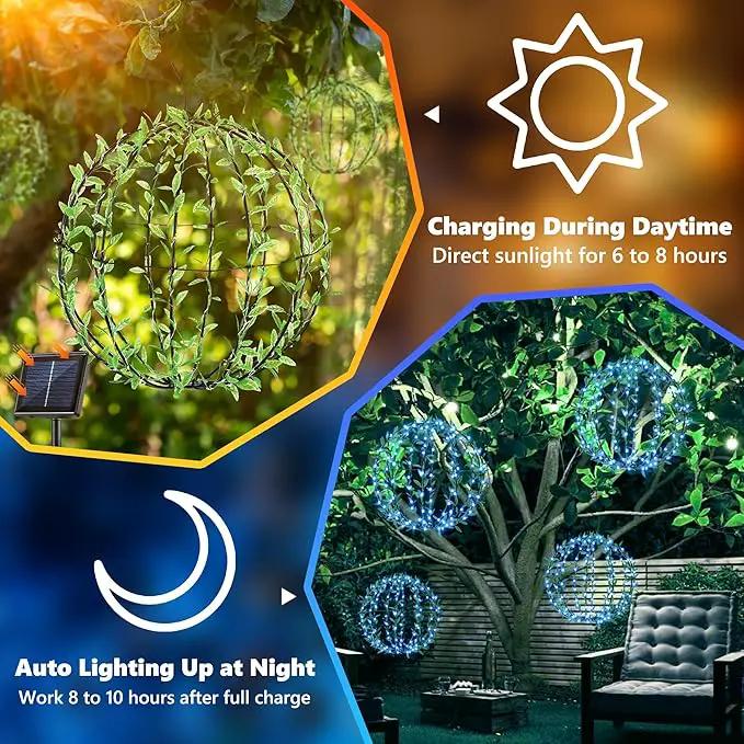 Flacchi Solar Powered Hanging Iron Sphere Lights with Artificial Greenery – 12Inch 120 LED Waterproof Outdoor Decor Ball Light with Timer & 8 Modes – 2 Pack for Garden, Christmas, Weddings(Blue) by GreenHaven Gardens