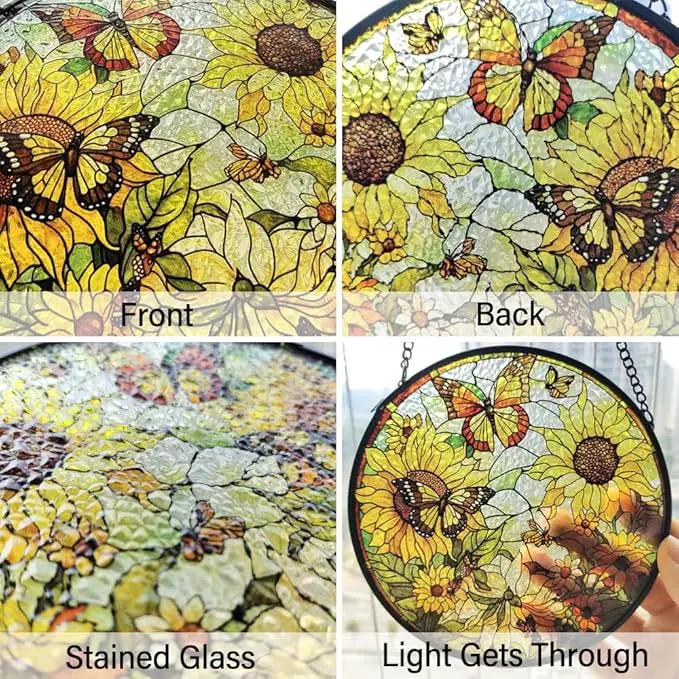 Sunflower Decor Suncatcher Stained Glass Window Hanging - Butterfly Stained Glass Suncatchers for Windows - Sun Catchers Indoor Window with Chain and Hook - Sunflower Gifts for Women Mom Teacher Gift by GreenHaven Gardens