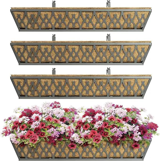 4 Pack 30 Inch Window Boxes Planters Railing Planter Box with Adjustable Brackets for Porch Fence Patio Balcony Hanging Flower Baskets with Coco Liners for Outdoor Garden Decor - Grey by GreenHaven Gardens