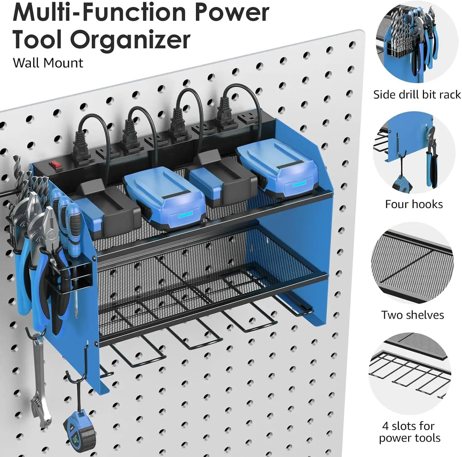 CCCEI Modular Power Tool Organizer Wall Mount with Charging Station. Garage 4 Drill Storage Shelf with Hooks, Screwdriver, Drill Bit Heavy Duty Rack, Tool Battery Holder Built in 8 Outlet Power Strip. by GreenHaven Gardens