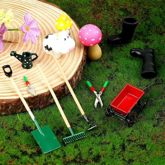 Miniature Fairy Garden Accessories Set 9 Pcs 1:12 Mini Metal Spade Pestle Kettle Wagon Rake Garden Watering Supplies Micro Landscape Ornaments Dollhouse Accessories by GreenHaven Gardens