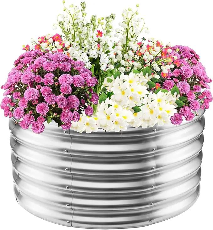 17" Tall Elevated Round Metal Rised Garden Bed- 2.7'x2.7' in Size and 0.8MM Thick Durable Planter Box for Vegetables Flowers Succulent at Patio/Garden Outdoor (Silver, 2.7FT Diameter) by GreenHaven Gardens