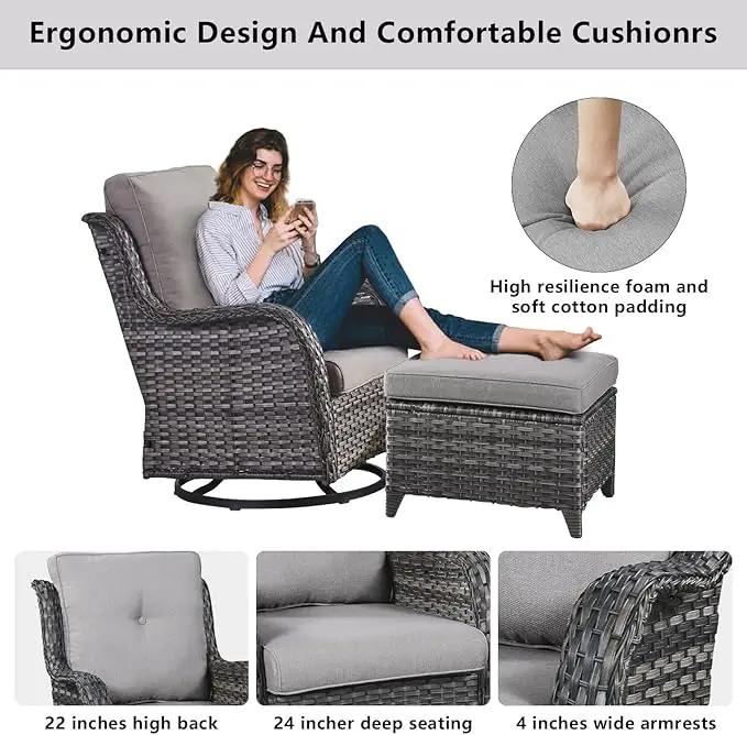 Wicker Outdoor Furniture Patio Furniture Set - 6 Piece Patio Conversation Set with Swivel Rocker Chairs, Loveseat Sofa, Ottomans and Coffee Table, Gray Cushion by GreenHaven Gardens