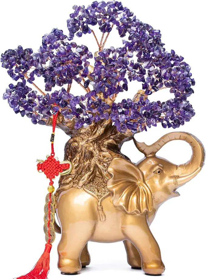 Amethyst Crystal Money Tree on Gold Elephant Statue, 17”Large Gemstone Bonsai Tree of Life Home Décor Gifts for Wealth Positive Energy, Feng Shui Décor by GreenHaven Gardens