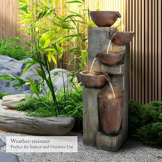 SunJet 5-Tier Cascading Indoor/Outdoor Water Fountain with LED Lights - 39.7" High Large Waterfall Floor Standing Fountain for Garden, Patio, Yard, and Deck Decor - Relaxing Outdoor Water Feature by GreenHaven Gardens