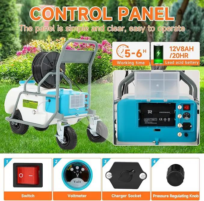 24 Gallon Battery Powered Sprayer,90 PSI Electric Pump,6 Hours Long Battery Life,12V 8Ah Battery,Adjustable HD Wand and 10 Nozzles,Portable Sprayer with Wheels for Lawn & Garden Spraying, Cleaning by GreenHaven Gardens