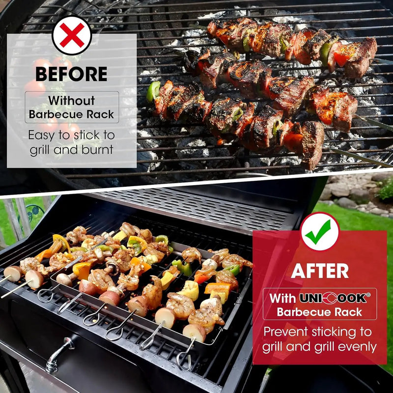 Unicook Stainless Steel BBQ Shish Kabob Set, Foldable Shish Kabob Holder with 6pcs 13"L Skewers, Reusable Grill Rack, Comes with 30pcs 12.5"L Bamboo Skewers for Party and Cookout by GreenHaven Gardens