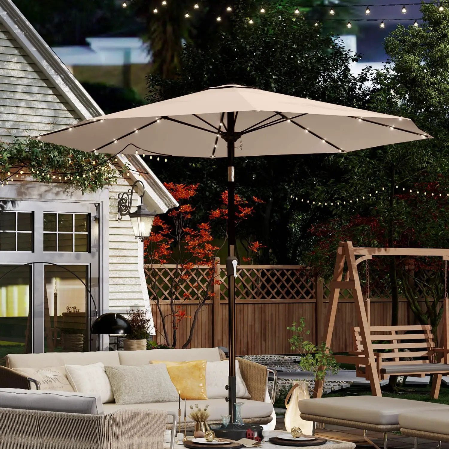 10FT Solar Umbrella 32 LED Lighted Patio Umbrella Table Market Umbrella w/Tilt and Crank, UV-Resistant Outdoor Umbrella for Pool, Garden, Deck, Beige by GreenHaven Gardens