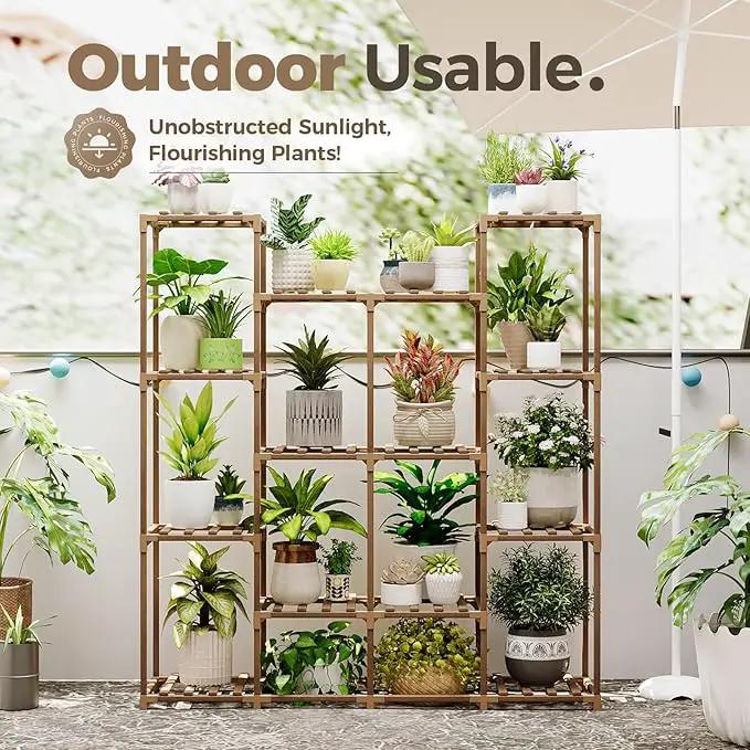 Bamworld Plant Stand Indoor Large Plant Shelf Tall Flower Stands 14 Pots Outdoor Plant Rack for Garden Balcony Patio Window Living Room Corner Wood