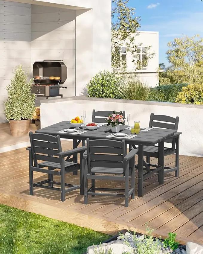 Patio Dining Set for 4 with Umbrella Hole - 66" Outdoor Table & 4 Chairs, All-Weather HDPE Outdoor Furniture for Lawn, Garden, Backyard, Poolside, Gray by GreenHaven Gardens