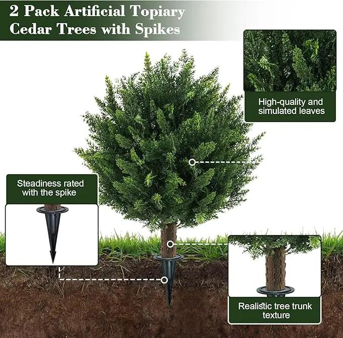21" Artificial Cypress Topiary Outdoor Plants with Spike, 2 Pack Faux Cedar Bushes UV Resistant Fake Shrubs for Front Porch Décor by GreenHaven Gardens