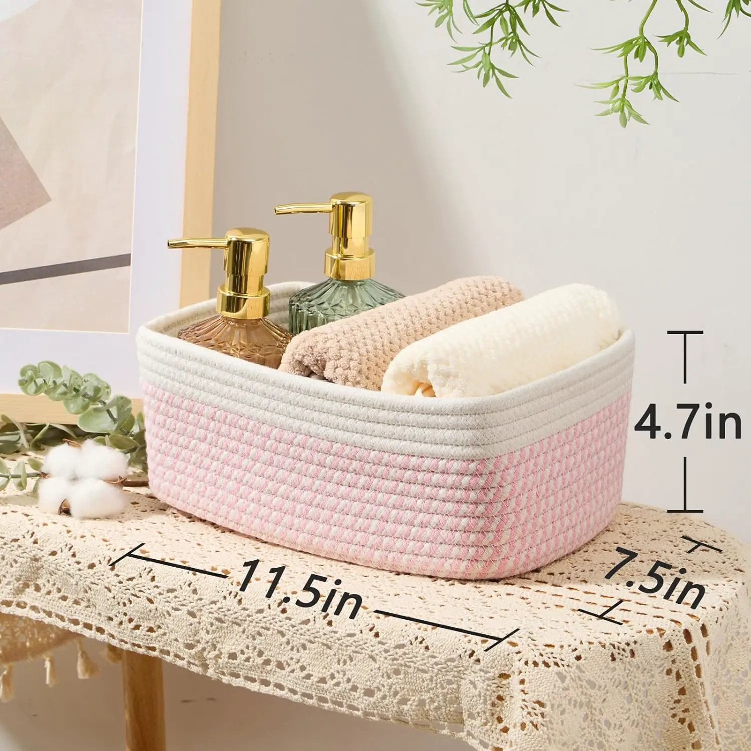 Small Storage Baskets for Organizing | Closet Organizer Bins | Shelf Toy Basket | Woven Rope Baskets | Cube Decorative Box | Shallow Basket | 11.5x7.5x4.7” | 3 Packs White Pink by GreenHaven Gardens
