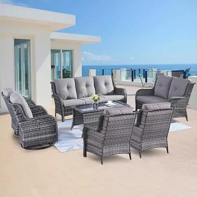 Outdoor Wicker Furniture Patio Set - 7 Piece Backyard Furniture Grey Rattan Conversation Sets with Swivel Rocker Chairs, Rattan Sofa, Club Chairs and Coffee Table, Grey Cushion by GreenHaven Gardens