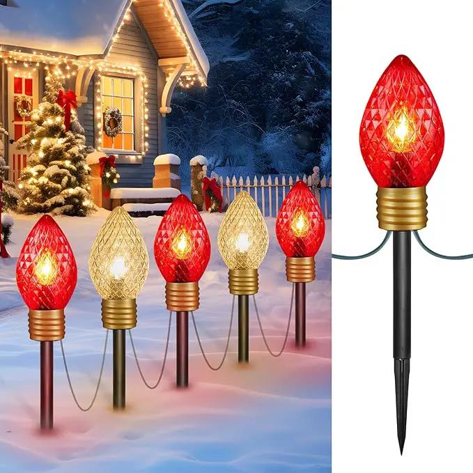 Moonflor Strawberry Jumbo C9 Christmas Pathway Lights Outdoor - 8.5FT 5 LED C9 Walkway Lights Outdoor, Christmas Decoration Outside, Christmas Lights Outdoor for Lawn Holiday Yard, Red & Warm White by GreenHaven Gardens