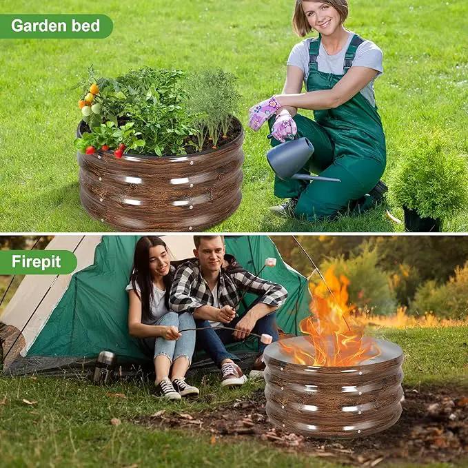 Galvanized Raised Garden Bed- 2Pcs 2x2x1FT Metal Planter Boxes Outdoor | Round Steel Raised Bed Kit & Fire Pit Ring for Gardening with Protective Tape, Gloves for Vegetables (Wood Grain) by GreenHaven Gardens