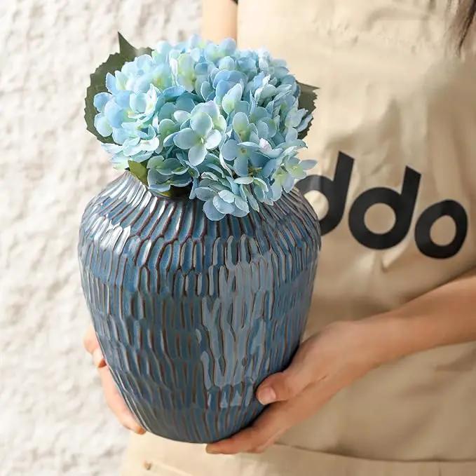 Blue Ceramic Vase for Home Decor,7.8 Inch Flower Vases，Decorative Vase for Pampas Grass，Modern Art Texture Vases for Home Entryway Living Room Dining Table Farmhouse Office Decor- Blue by GreenHaven Gardens