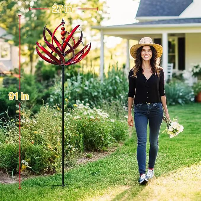 LimeHill Wind Spinner for Garden and Yard - Large Metal Kinetic Wind Sculptures for Outdoor Decor (91 Inches, Burgundy Lotus) by GreenHaven Gardens