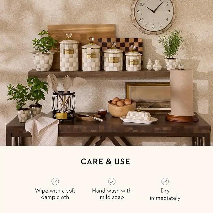 MACKENZIE-CHILDS Enamel Garden Pot, Decorative Pot for Plants, Outdoor Flowerpot Decor, Small, Brown-and-White Mocha Check by GreenHaven Gardens