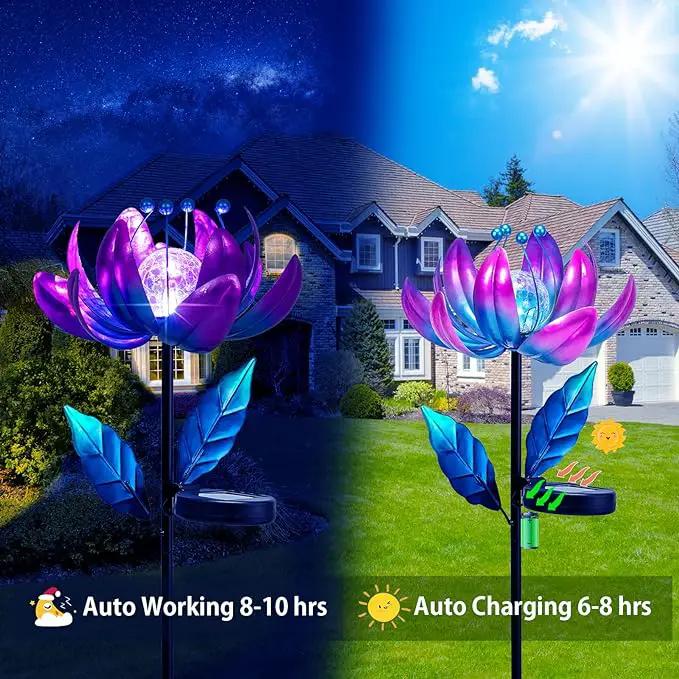Solar Purple Metal Flower Wind Spinners, Colorful Spinning Windmill Lotus Yard Art Lights Wind Pinwheels with LED Crystal Ball Decorative Stake Lighting Flower Sculpture by GreenHaven Gardens