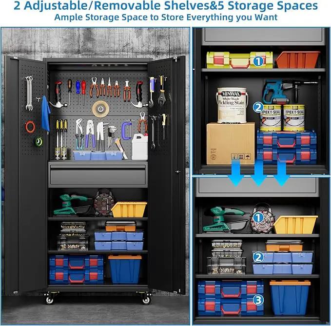 Metal Garage Cabinet with Wheels,71''H Rolling Lockable Steel Tool Cabinet with Pegboard & 1 Drawer for Garage,Home,Office Assembly Required,Black/Red by GreenHaven Gardens