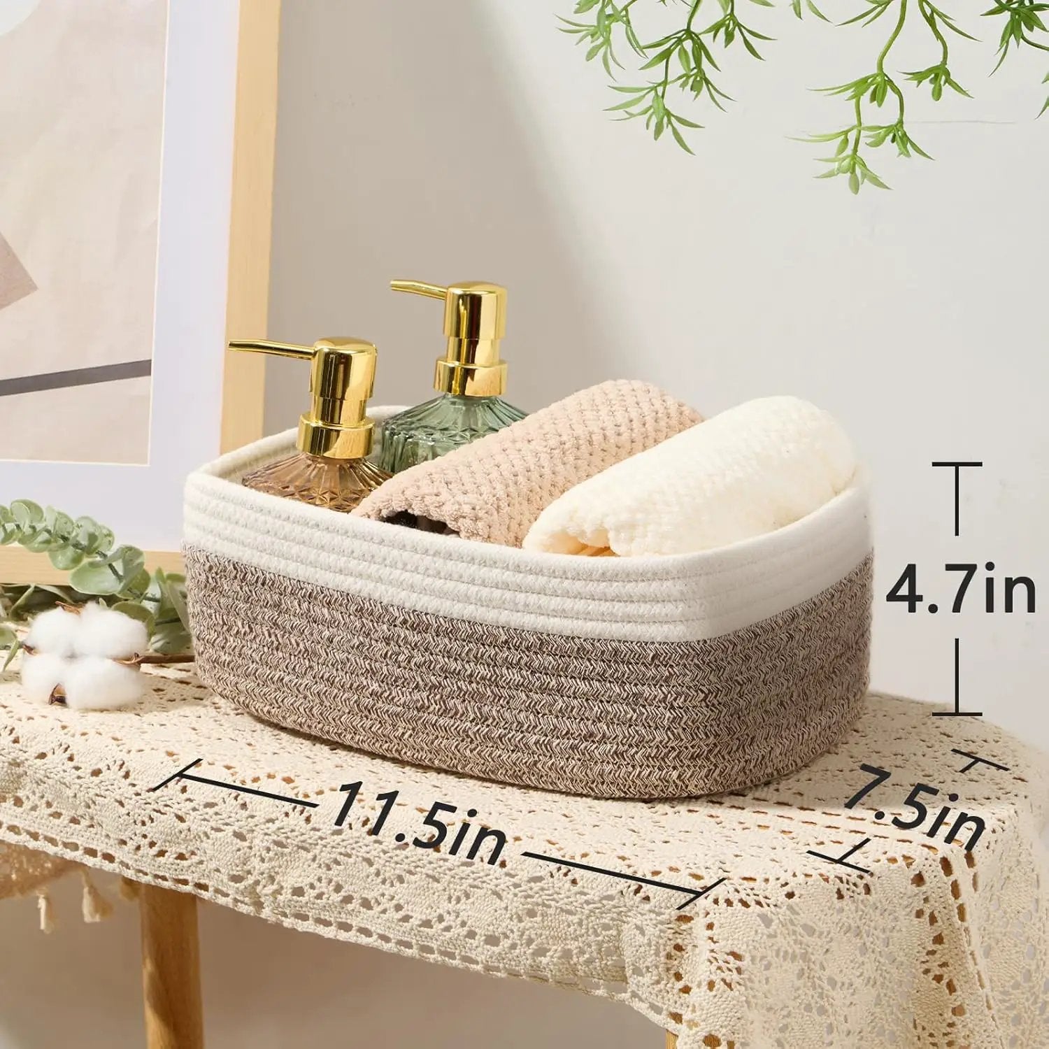 Small Storage Baskets for Organizing | Closet Organizer Bins | Shelf Toy Basket | Woven Rope Baskets | Cube Decorative Box | Shallow Basket | 11.5x7.5x4.7” | 3 Packs White Brown by GreenHaven Gardens