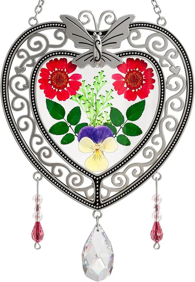 KY&BOSAM Heart Suncatcher Crystal Tree of Life Stained Glass Panles Real Flower Hangings for Windows Home Garden Outside Wind Chime Decor Birthday Gifts for Women Mother`s Day Christmas Ornament by GreenHaven Gardens