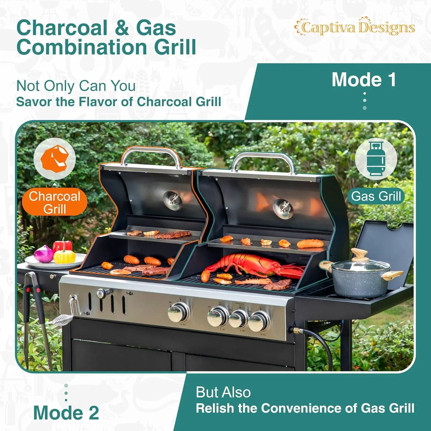 Captiva Designs Propane Gas Grill and Charcoal Grill Combo with Side Burner & Porcelain-Enameled Cast Iron Grate, Dual Fuel BBQ Grill for Outdoor Events & Backyard Barbecue, 690 SQIN Cooking Area by GreenHaven Gardens