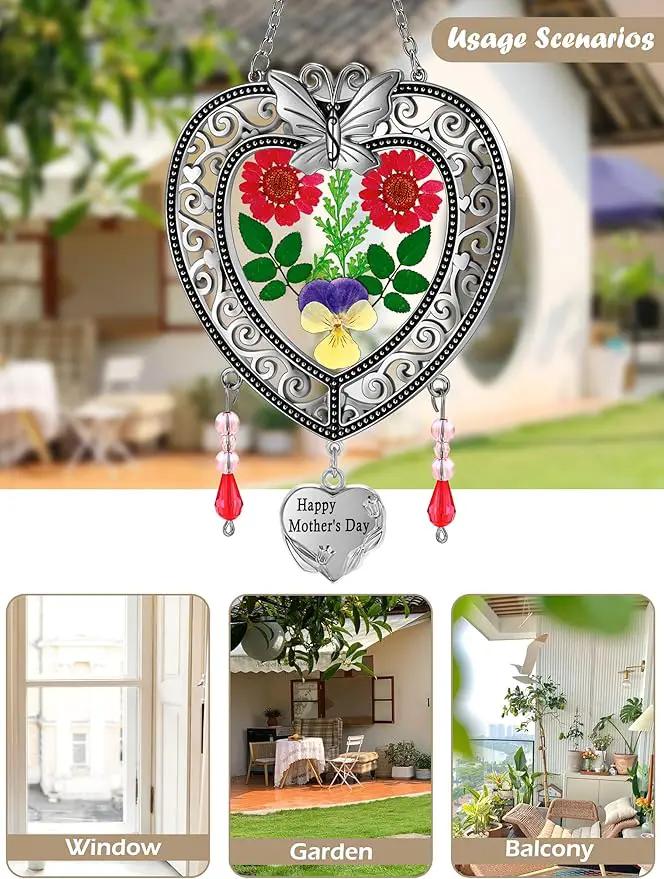 KY&BOSAM Suncatcher Happy Mother’s Day Stained Glass Tree of Life Heart Gifts Garden Ornament Wind Chimes for Windows Pressed Flower Between Heart in Glass Metal Engraved Charm as by GreenHaven Gardens
