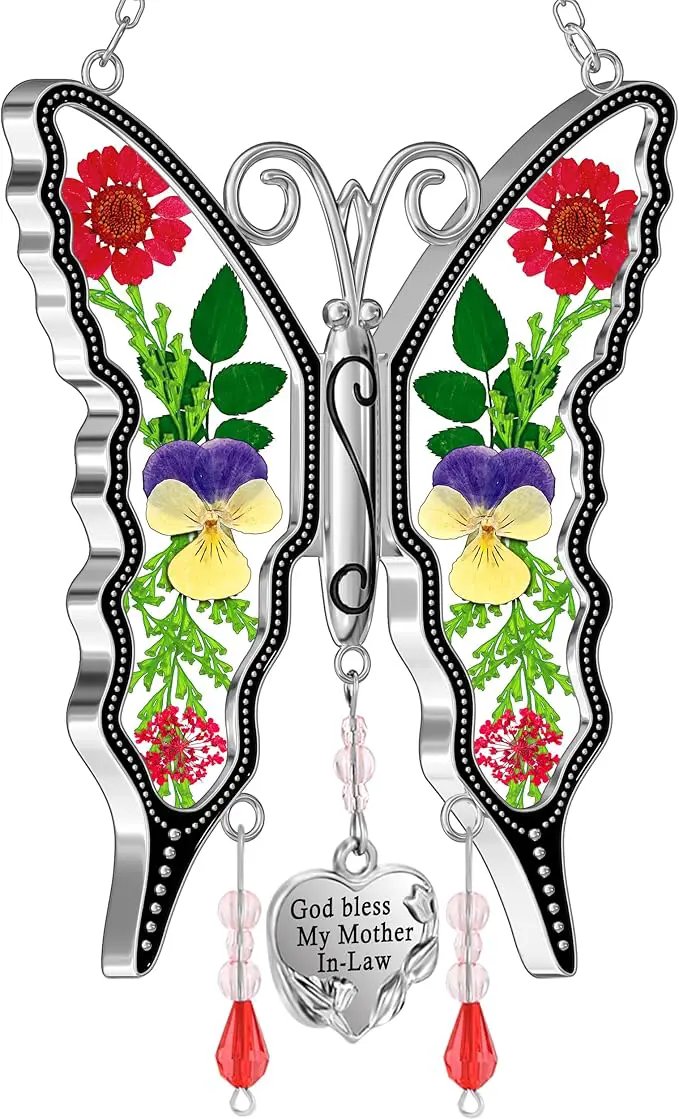 KY&BOSAM Butterfly Suncatcher God Bless My Mother-in-Law Gift Stain Glass Suncatchers for Window Hanging Wind Chime Home Ornament Mom Gift for Mother`s Day Valentine's Birthday Thanksgiving Christmas by GreenHaven Gardens