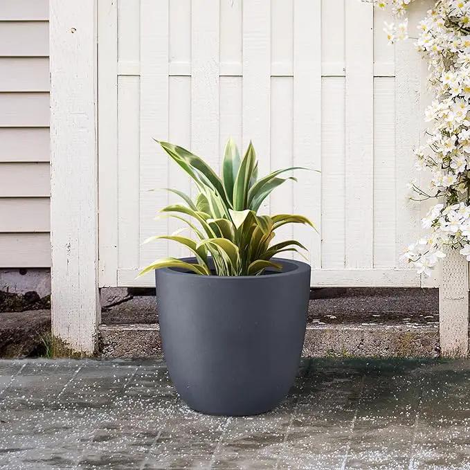 Kante 14 Inch Dia Round Concrete Planter, Indoor Outdoor Large Plant Pot with Drainage Hole and Rubber Plug for Home Patio Garden, Charcoal by GreenHaven Gardens