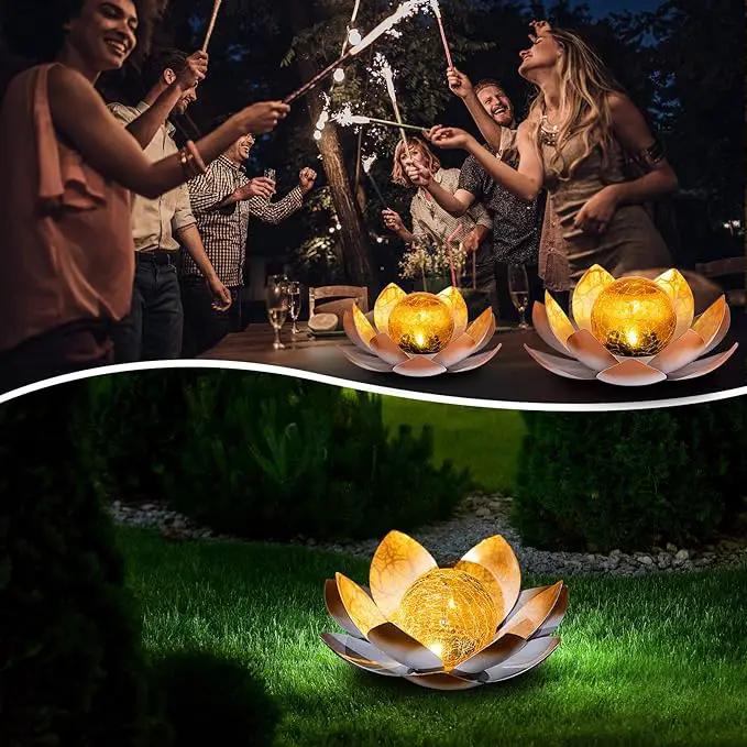 Huaxu Solar Lights Outdoor Garden Decorative Art Metal Lotus Cracked Glass Ball Waterproof Decorations for Pathway Lawn Patio Yard Ground Tabletop Gifts by GreenHaven Gardens