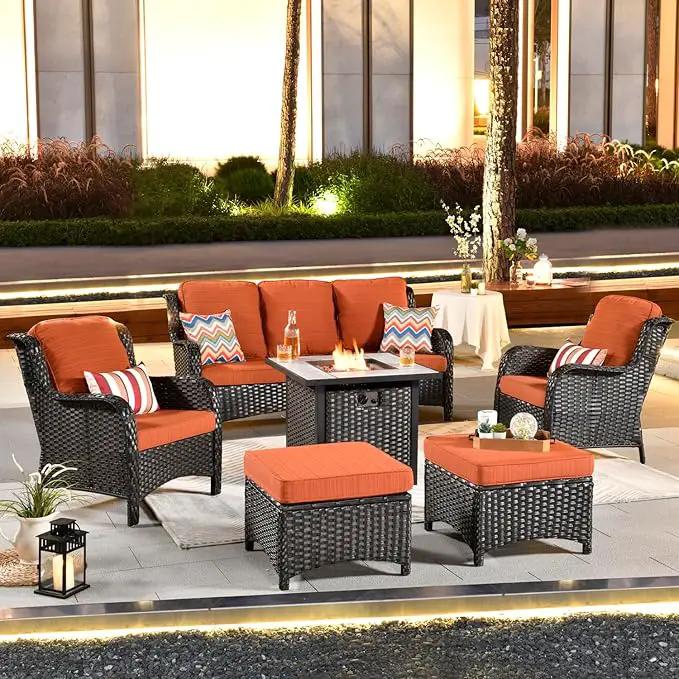 ovios 6 Pieces Patio Furniture Set with 30" Fire Pit Table, Outdoor Wicker Sofa with Ottomans, Comfy Cushions, High Back Couch Conversation Set, Brown Rattan, Orange Red by GreenHaven Gardens