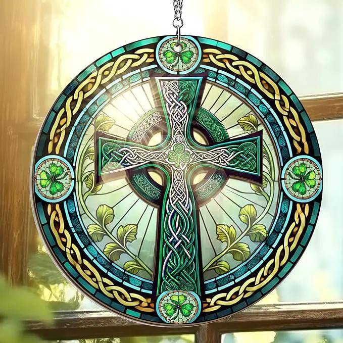 Irish Gifts, St Patricks Day Decor - Birthday, Christmas, Good Luck Irish Gifts for Men Women, Shamrock Decorations, Celtic Cross Home Decor - Window Suncatcher Hanging Decorations 6 in by GreenHaven Gardens