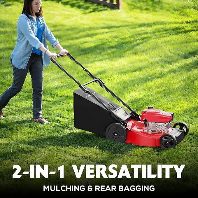 PowerSmart 21-inch Gas Push Lawn Mower, 144cc 4-Stroke Engine with Easy Adjustable Cutting Height, High Wheels, 2-in-1 with Mulch, Bag by GreenHaven Gardens