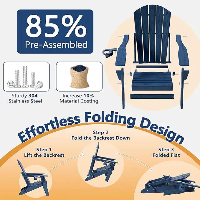 Folding Adirondack Chair with Cup Holder, HDPE All Weather Resistant Plastic Outdoor Patio Chairs, Heavy Duty Fire Pit Seating for Backyard Lawn Garden, Wooden Textured Design(Navy Blue) by GreenHaven Gardens